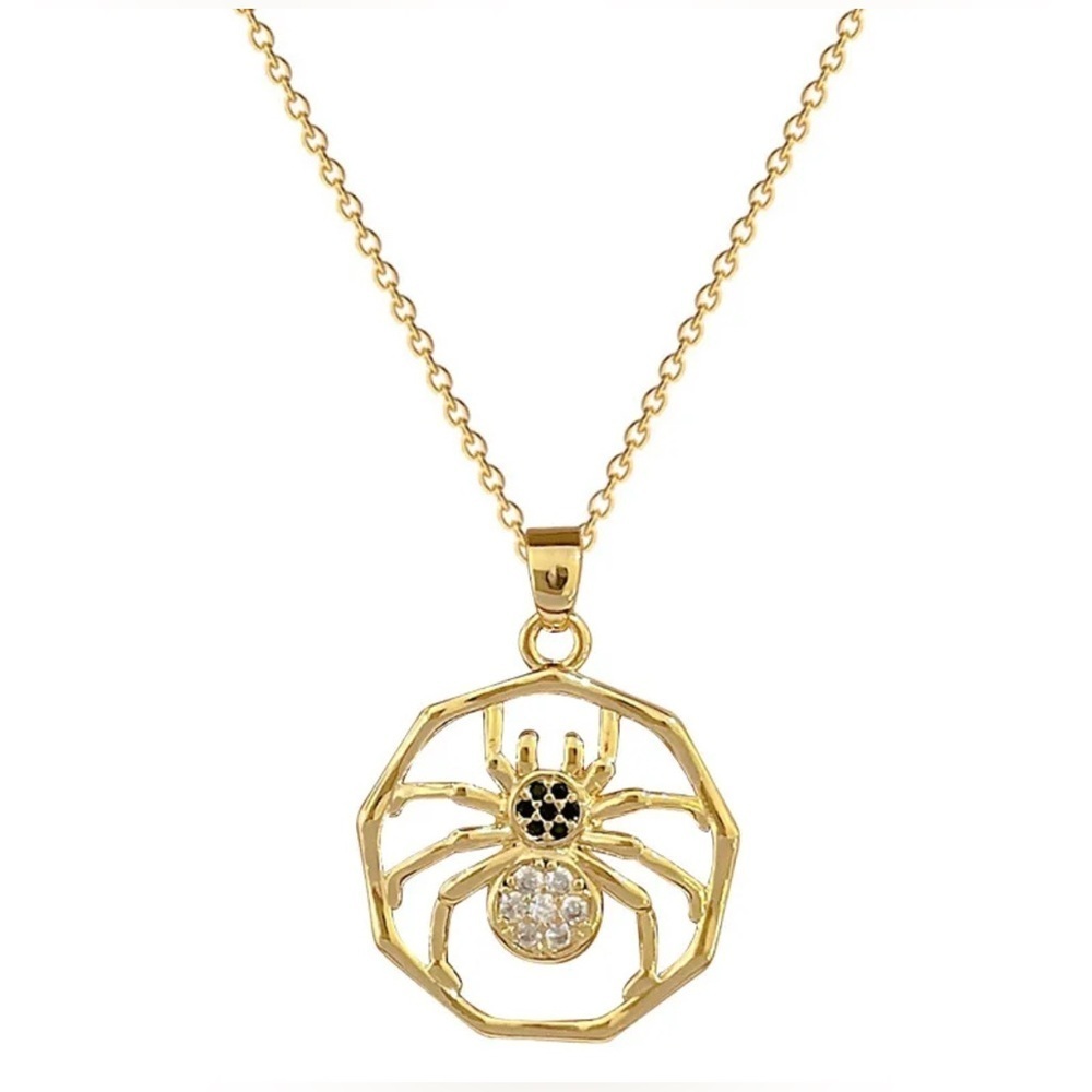 18K Gold Spider In Geometrically Frame Pave Diamond Accents Goth Punk Witchy